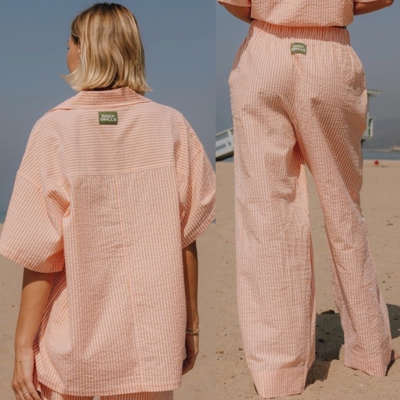 Daily Drills Seersucker Boxy Button Down Shirt Resort Pants Two Piece Set Orange - Picture 2 of 6